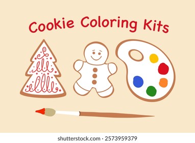 a set of glazed gingerbread cookies and a palette with food coloring, a brush for DIY coloring with children