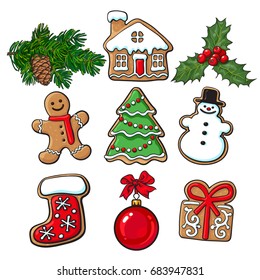 Set of glazed homemade Christmas gingerbread cookies, mistletoe, fir tree branches sketch style vector illustration isolated on white background. Christmas gingerman