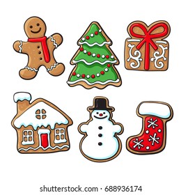 Set of glazed homemade Christmas gingerbread cookies, sketch style vector illustration isolated on white background. Christmas gingerman, boot, tree, house, present and snowman gingerbread cookies