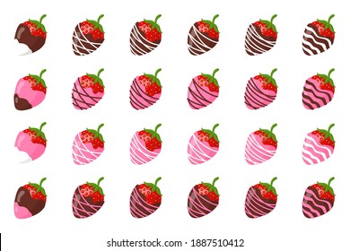 Set of glazed strawberries in chocolate for Valentine's Day. Vector flat design isolated on white background.