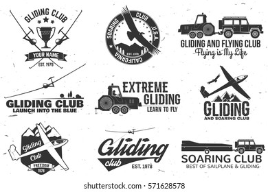 Set of Gliding club retro badge. Concept for shirt, print, seal, overlay or stamp. Typography design- stock vector.  Gliding and Soaring club design with glider silhouette.