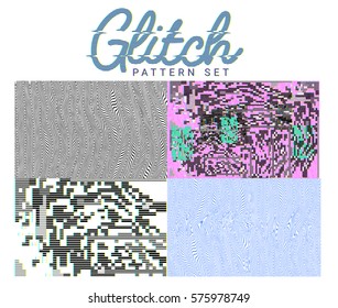 Set of Glitch abstract backgrounds and patterns with distortion effect, bug, error, random wave black and white,