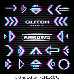 Set of glitch arrows, pointers, direction. Glitch design elements. Tech, science and hacker theme. Vector.