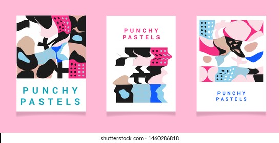 Set of glitch art posters with bols swiss bauhaus geometric pattern in punchy pastel subtle tones. Vaporwave neo-memphis retrofuturistic grotesque style.