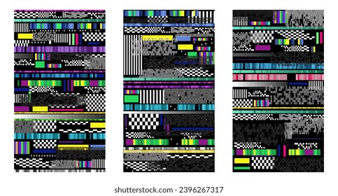 Set of glitch backgrounds depicting screen errors on mobile devices. Abstract digital pixel noise design representing device signal failure and smartphone data decay. Vector illustration.