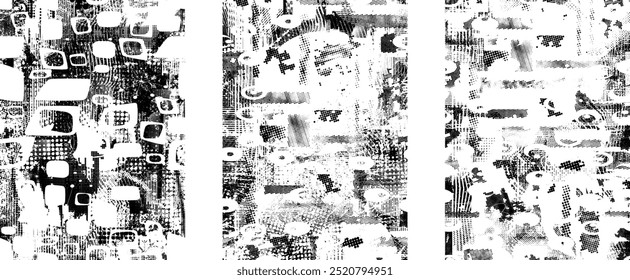 Satz von glitch verzerrten Grunge Overlay Texturen. Sammlung von überlagernden Texturen mit Rasterpunkten, Kratzern und Linien .Screen Print Vektor Schichten Pack. Overlays mit farbiger strukturierter Oberfläche