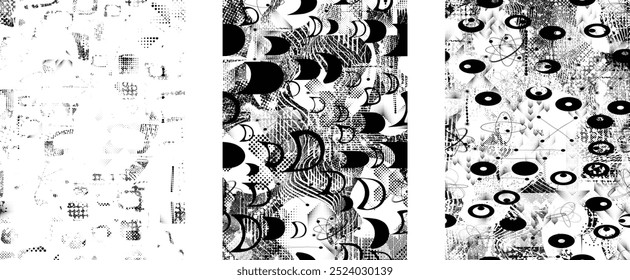 Set of glitch distorted grunge overlay textures. Collection of overlaying textures with halftone dots, scratches and lines .Screen print vector layers pack. Overlays with grunge textured surface