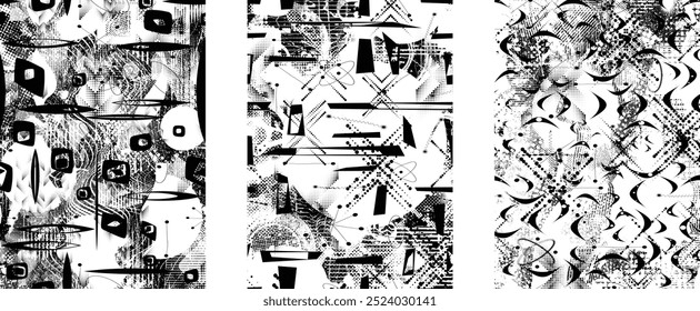 Conjunto de texturas de superposición grunge distorsionadas. Colección de texturas superpuestas con puntos semitonos, arañazos y líneas. Paquete de capas de Vector de impresión de pantalla. Superposiciones con superficie texturizada grunge