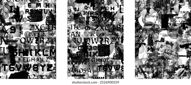 Set of glitch distorted grunge overlay textures. Collection of overlaying textures with halftone dots, scratches and lines .Screen print vector layers pack. Overlays with grunge textured surface