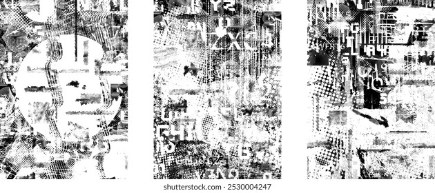 Set of glitch distorted grunge overlay textures. Collection of overlaying textures with halftone dots, scratches and lines .Screen print vector layers pack. Overlays with grunge textured surface
