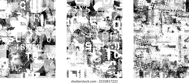 Conjunto de texturas de superposición grunge distorsionadas. Colección de texturas superpuestas con puntos semitonos, arañazos y líneas. Paquete de capas de Vector de impresión de pantalla. Superposiciones con superficie texturizada grunge