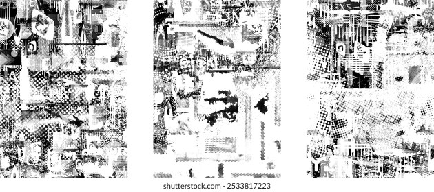 Set of glitch distorted grunge overlay textures. Collection of overlaying textures with halftone dots, scratches and lines .Screen print vector layers pack. Overlays with grunge textured surface