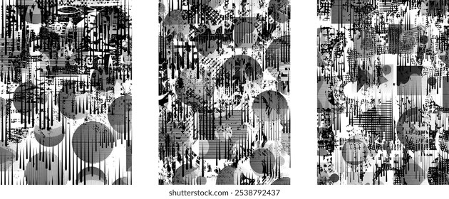 Conjunto de texturas de sobreposição grunge distorcidas por falhas. Coleção de texturas sobrepostas com pontos de meio-tom, arranhões e linhas. Sobreposições com superfície texturizada grunge