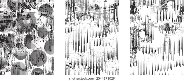 Conjunto de texturas de superposición grunge distorsionadas. Colección de texturas superpuestas con puntos semitonos, arañazos y líneas. Paquete de capas de Vector de impresión de pantalla. Superposiciones con superficie texturizada grunge
