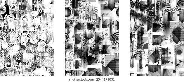 Conjunto de texturas de sobreposição grunge distorcidas por falhas. Coleção de texturas sobrepostas com pontos de meio-tom, arranhões e linhas. Sobreposições com superfície texturizada grunge