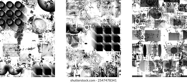 Conjunto de texturas de superposición grunge distorsionadas. Colección de texturas superpuestas con puntos semitonos, arañazos y líneas. Paquete de capas de Vector de impresión de pantalla. Superposiciones con superficie texturizada grunge