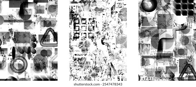 Satz von glitch verzerrten Grunge Overlay Texturen. Sammlung von überlagernden Texturen mit Rasterpunkten, Kratzern und Linien .Screen Print Vektor Schichten Pack. Overlays mit farbiger strukturierter Oberfläche