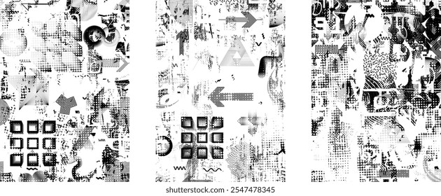 Set of glitch distorted grunge overlay textures. Collection of overlaying textures with halftone dots, scratches and lines .Screen print vector layers pack. Overlays with grunge textured surface
