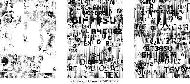 Set of glitch distorted grunge overlay textures. Collection of overlaying textures with halftone dots, scratches and lines .Screen print vector layers pack. Overlays with grunge textured surface