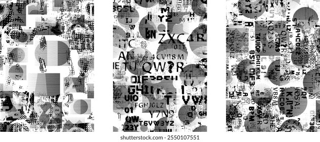 Set of glitch distorted grunge overlay textures. Collection of overlaying textures with halftone dots, scratches and lines .Screen print vector layers pack. Overlays with grunge textured surface