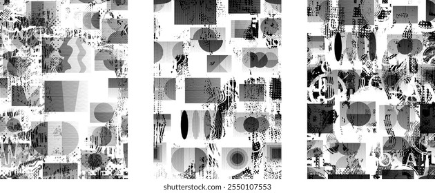 Set of glitch distorted grunge overlay textures. Collection of overlaying textures with halftone dots, scratches and lines .Screen print vector layers pack. Overlays with grunge textured surface