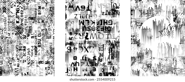 Set of glitch distorted grunge overlay textures. Collection of overlaying textures with halftone dots, scratches and lines .Screen print vector layers pack. Overlays with grunge textured surface
