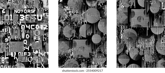 Set of glitch distorted grunge overlay textures. Collection of overlaying textures with halftone dots, scratches and lines .Screen print vector layers pack. Overlays with grunge textured surface
