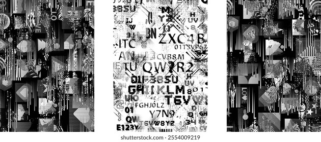 Set of glitch distorted grunge overlay textures. Collection of overlaying textures with halftone dots, scratches and lines .Screen print vector layers pack. Overlays with grunge textured surface
