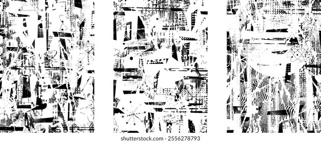 Set of glitch distorted grunge overlay textures. Collection of overlaying textures with halftone dots, scratches and lines .Screen print vector layers pack. Overlays with grunge textured surface
