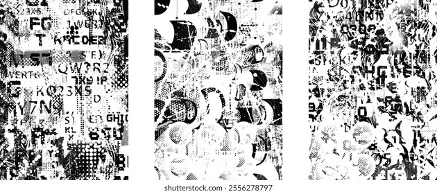 Set of glitch distorted grunge overlay textures. Collection of overlaying textures with halftone dots, scratches and lines .Screen print vector layers pack. Overlays with grunge textured surface
