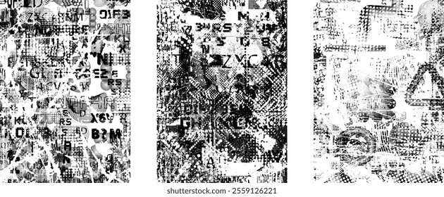 Set of glitch distorted grunge overlay textures. Collection of overlaying textures with halftone dots, scratches and lines .Screen print vector layers pack. Overlays with grunge textured surface
