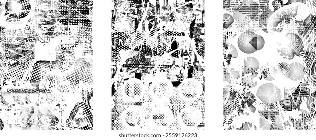 Set of glitch distorted grunge overlay textures. Collection of overlaying textures with halftone dots, scratches and lines .Screen print vector layers pack. Overlays with grunge textured surface
