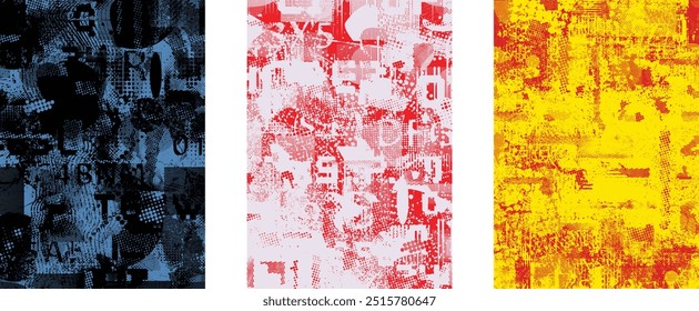 Set of glitch distorted grungy background textures . Cyber punk collection of textures with halftone dots, glitched shapes, textures and lines .Screen print vector backgrounds