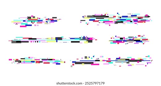 Set of glitch elements. Pixel distortion effect. Error code, corrupted texture design, abstract noise. Vector illustration. No signal, cyber damage color art.