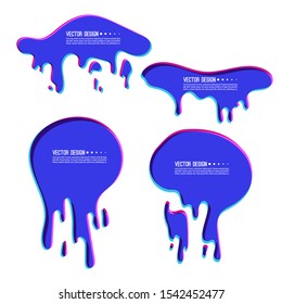 Set of glitch liquid deformation frames. Bright fluid stains with smudges splashes and drops isolated on white background. Vector illustration.