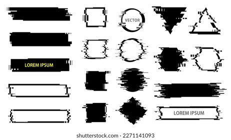 Set of Glitch Monochrome Graphic Elements. Abstract Trendy Shapes. Vector Frames.