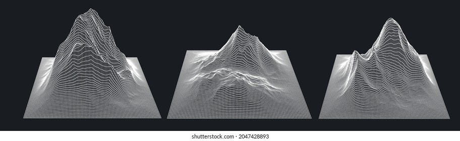 Set of a glitched and distorted 3d models. Abstract vector elements with wireframe grid.
