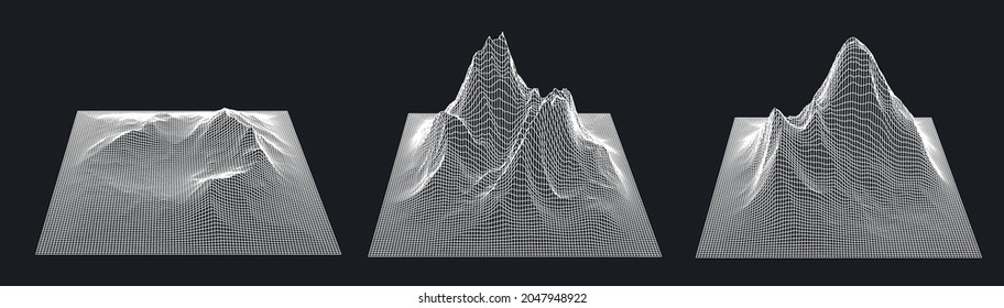 Set of a glitched and distorted 3d models. Abstract vector elements with wireframe grid.