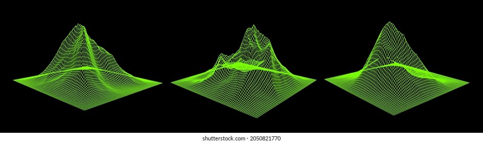 Set of a glitched and distorted 3d models. Abstract vector elements with wireframe grid.