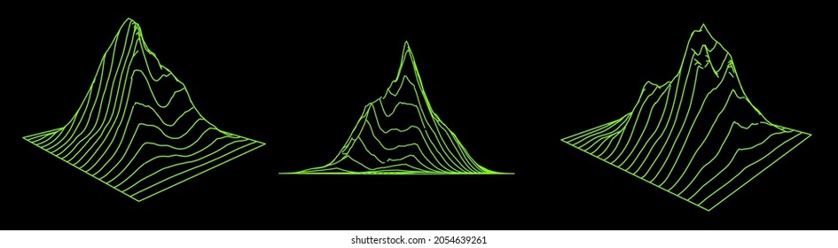 Set of a glitched and distorted 3d models. Abstract vector elements with wireframe grid.