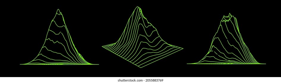 Set of a glitched and distorted 3d models. Abstract vector elements with wireframe grid.