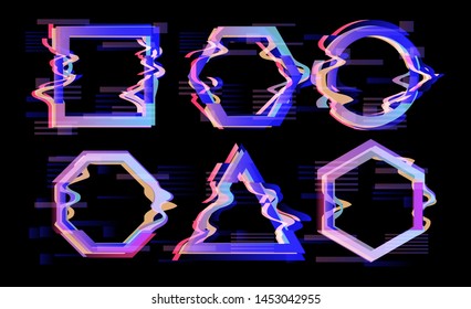 Set of glitched frames with pixel distortion, collection of elements for design. Cyberpunk/ vaporwave/ synthwave retrofuturistic style vector background.
