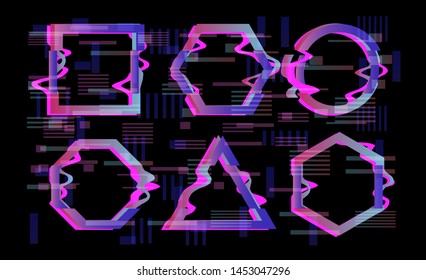 Set of glitched frames with pixel distortion, collection of elements for design. Cyberpunk/ vaporwave/ synthwave retrofuturistic style vector background.