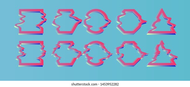 Set of glitched frames with pixel distortion, collection of elements for design. Cyberpunk/ vaporwave/ synthwave retrofuturistic style vector background.