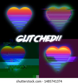 Set of glitched heart icon. Vector illustration of an abstract glitch background. Cyberpunk concept. Colorful techno backdrop with aesthetics of vaporwave style of 80's.