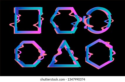 Set of glitched holographic shapes and elements for design. Cyberpunk/ synthwave style 80s-90s design or poster/ cover/ logotype.