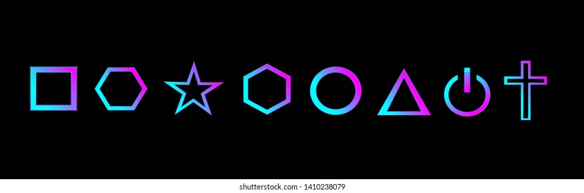 Set of glitched holographic shapes and elements for design. Cyberpunk/ webpunk style 80s-90s design or poster, cover, logotype.