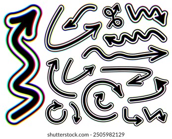 Set of glitch-style curved and wavy arrows with bold distortion effects. Vector illustration ideal for creative and modern designs.