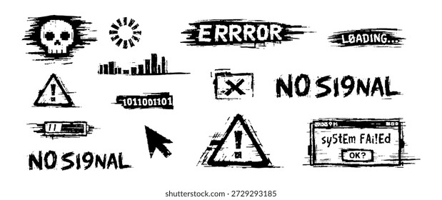 Conjunto de íconos de error digital y texto defectuoso que incluyen mensajes fallidos del sistema, cráneos y Iniciar sesión de advertencia en un estilo sucio en blanco y negro.