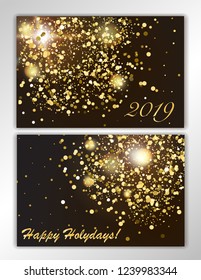 Set glitter background with glowing lights. Golden sparks on a black backdrop. Kit for decorating festive greeting cards